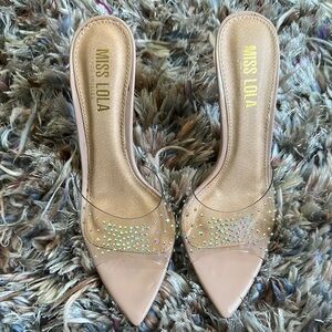 Miss Lola Tan Stiletto Heels with Crystal Embellishments